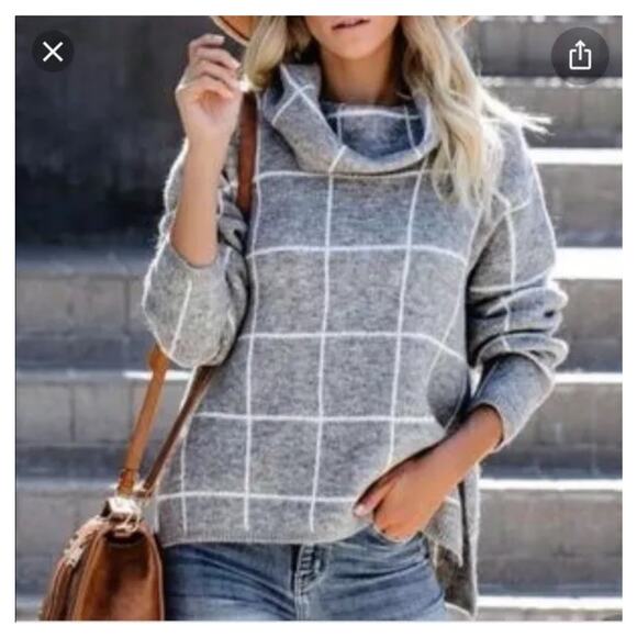 NWT Lumiere Gray & White Windowpane Cowl Neck Sweater S - Picture 2 of 14